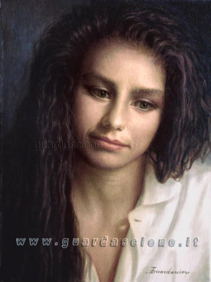 ritratto di giovane donna dipinto a olio su tavola eseguito da una foto