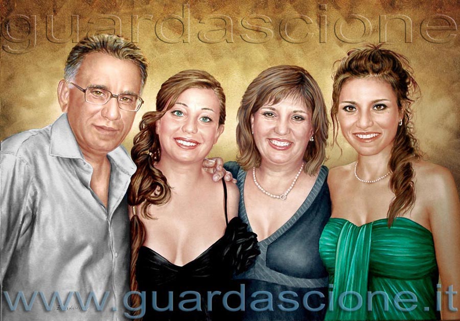 commissione ritratto di famiglia a olio eseguito da ritagli fotografici