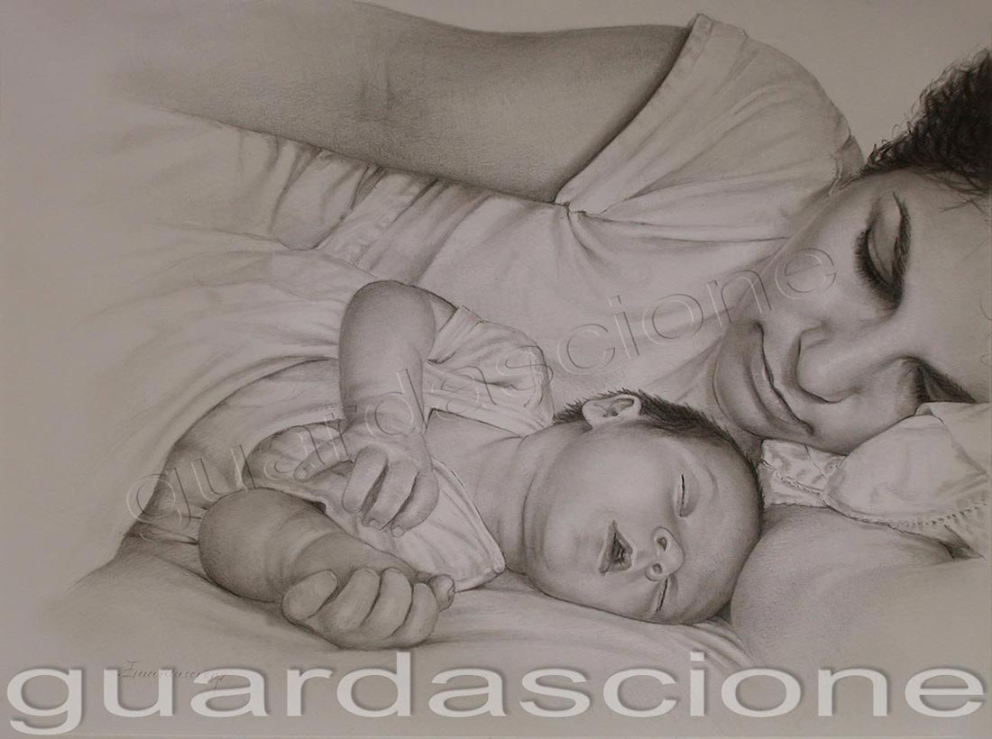 ritratto di mamma con neonato a matita