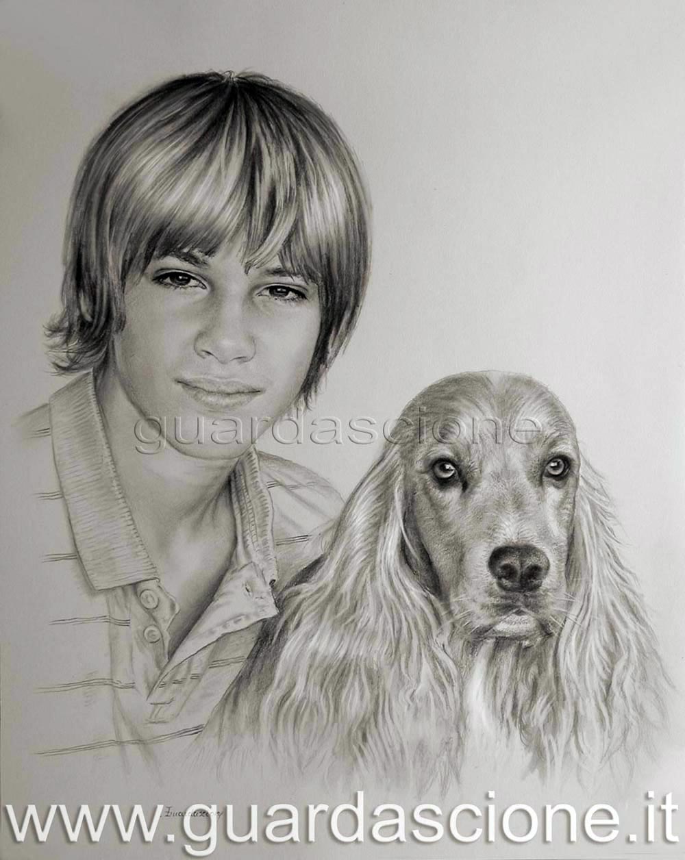 ritratto con cane realizzato da foto ed eseguito a matita