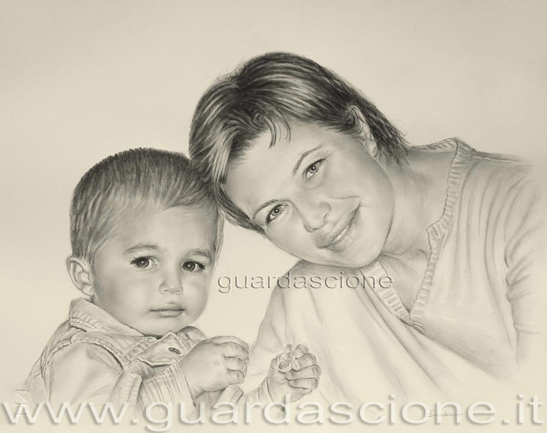 Ritratti di famiglia - mamma con bambino, matita 40x50 ritratto su commissione