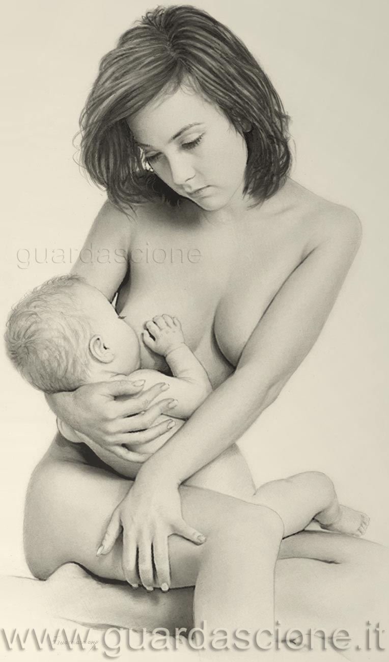 ritratto di mamma con bambino eseguito a matita e realizzato su commissione da foto